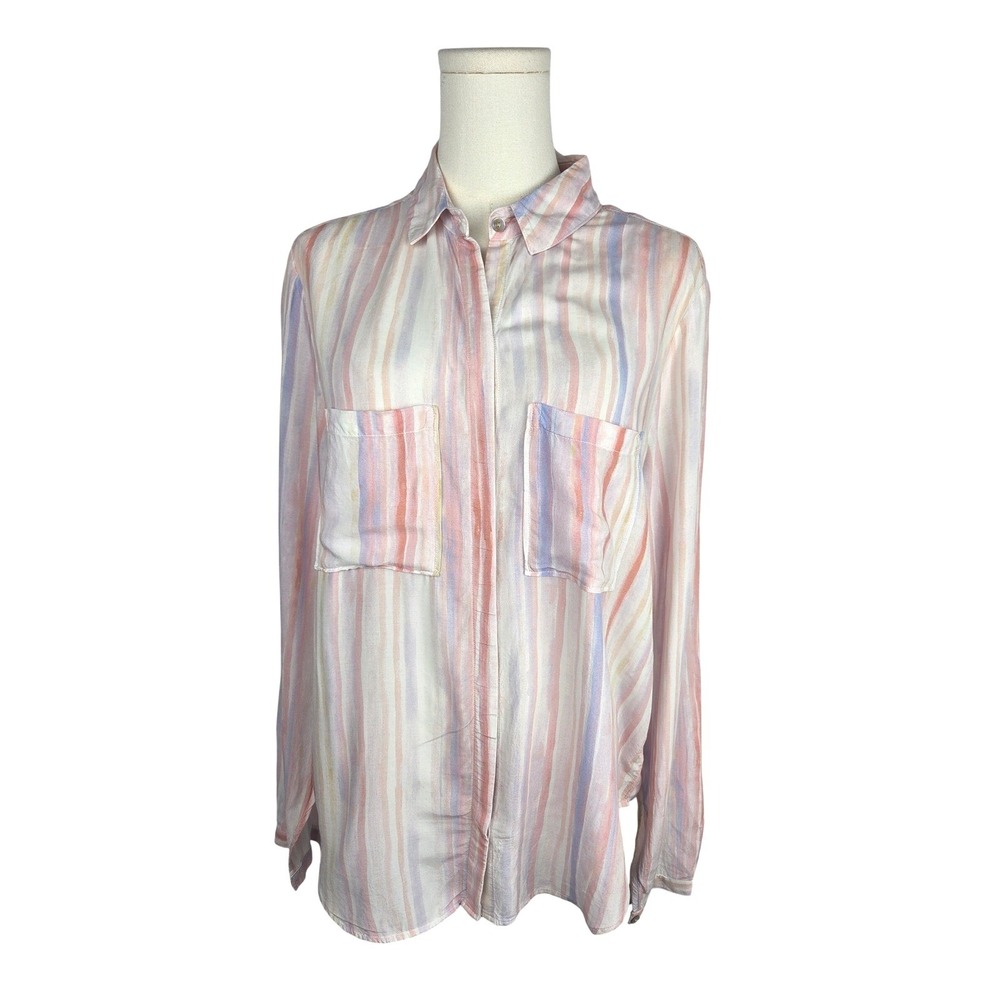 Cloth & Stone Liya Striped Button‎ Down Shirt Large Pastel Linen Blend